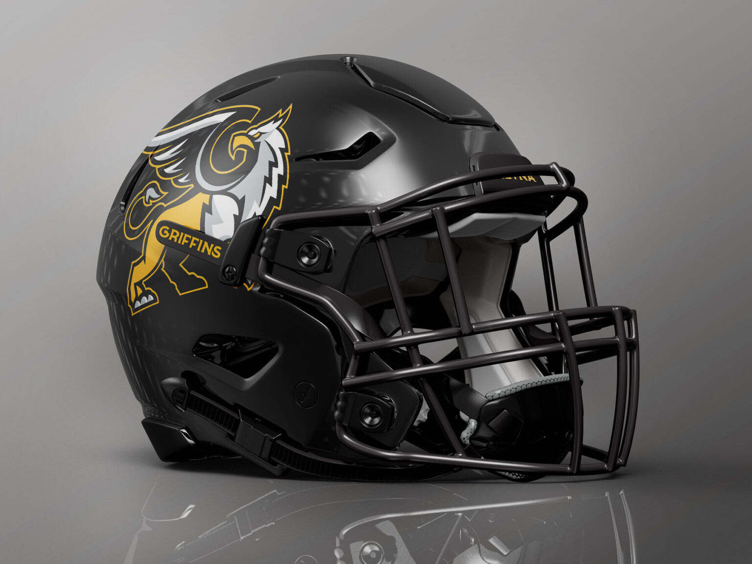 Black football helmet with black facemask with a griffin on the side with word Griffin on strap