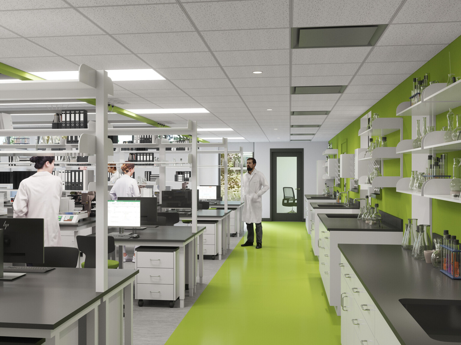 Lab classroom with green floors and accent wall filled with white furniture with high shelves lined with equipment