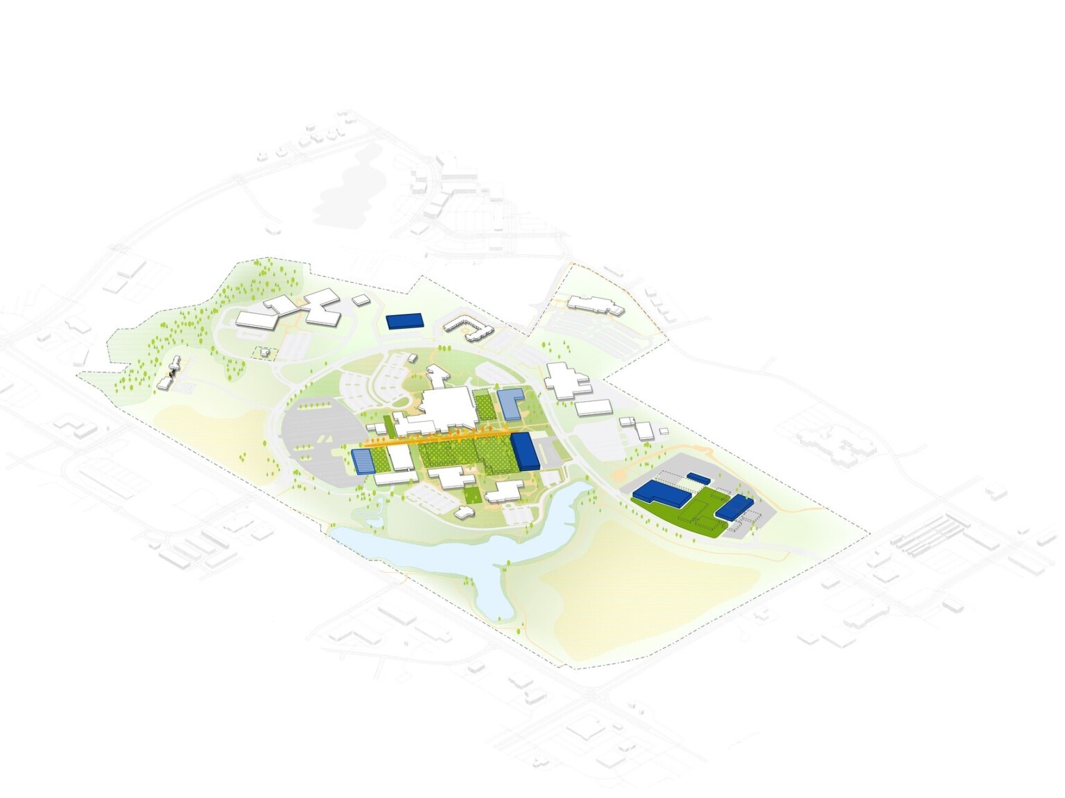 Des Moines Area Community College Campus Master Plan showing blue and green buildings plotted on a map