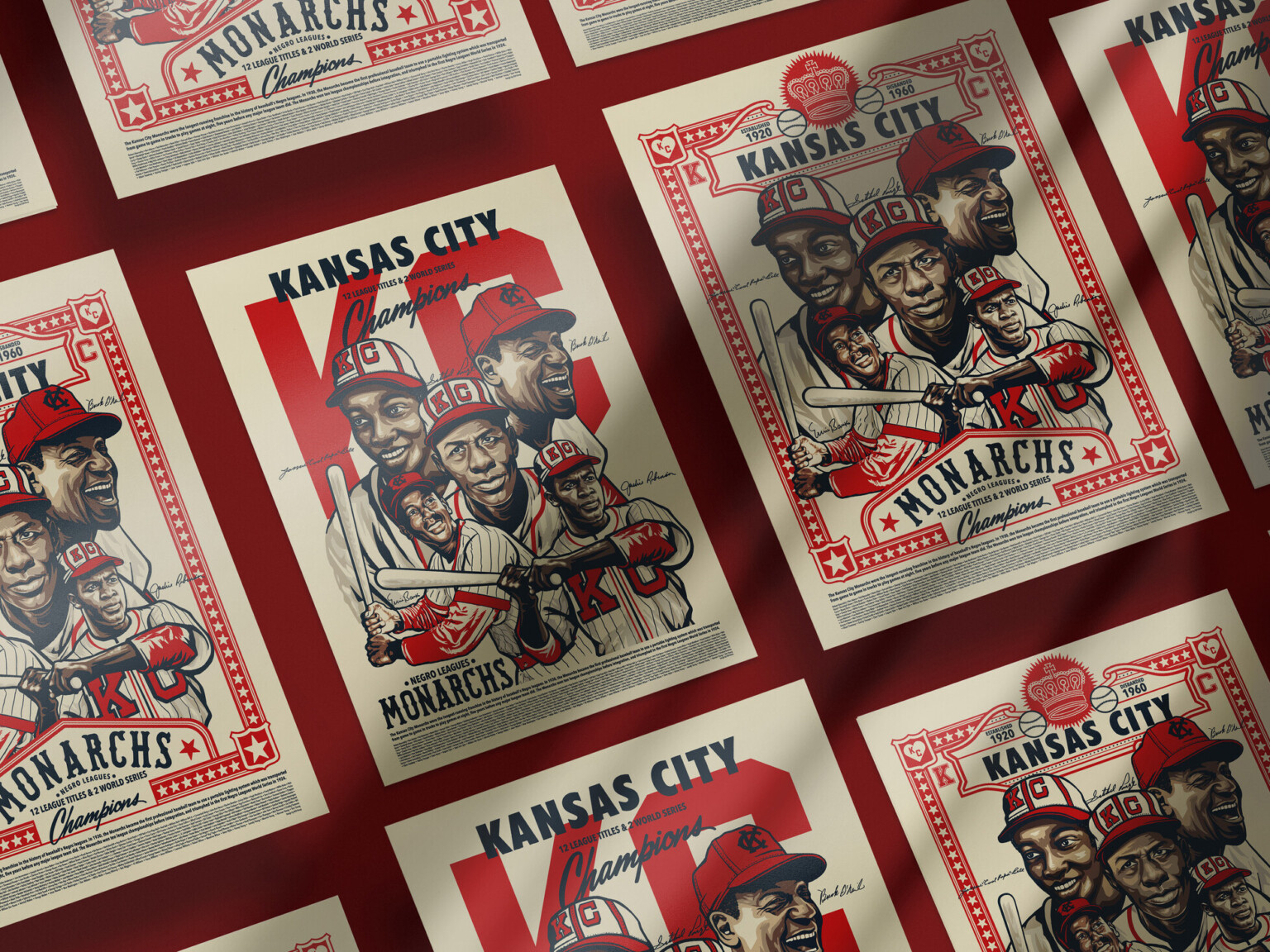 Collage of retro baseball posters for Kansas City Monarchs with red letters and accents