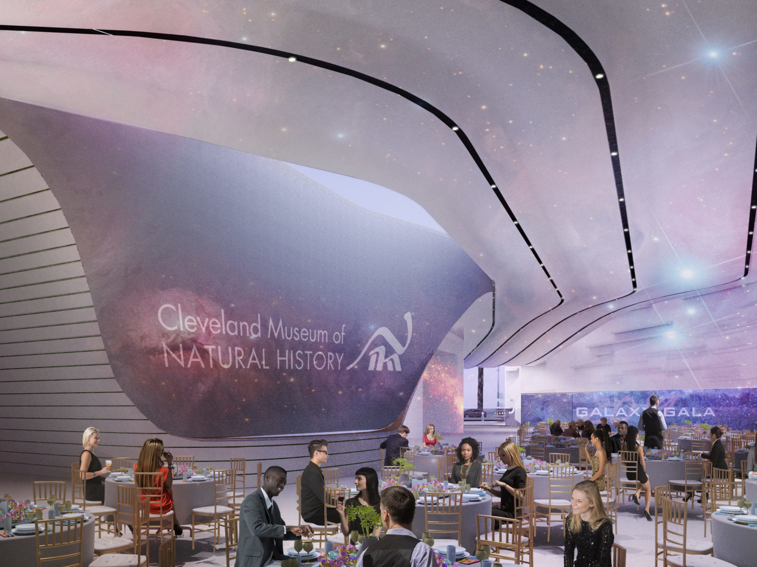 rendering of interior gala with people around tables with purple lighting and Cleveland Museum of Natural History Sign