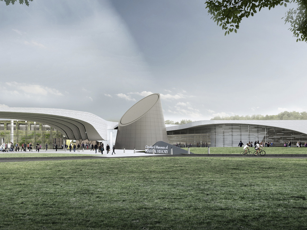Concept for Cleveland Museum of Natural History Expansion, 2 section building with curved white roof, large sculpture center