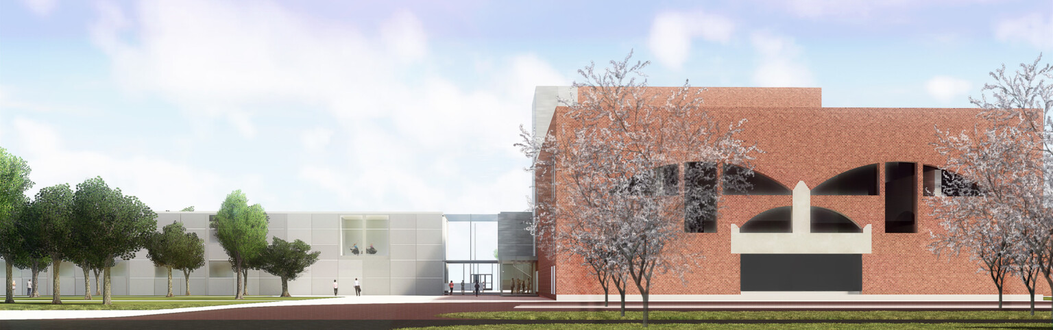 Rendering of a brick building with white accents and arched windows