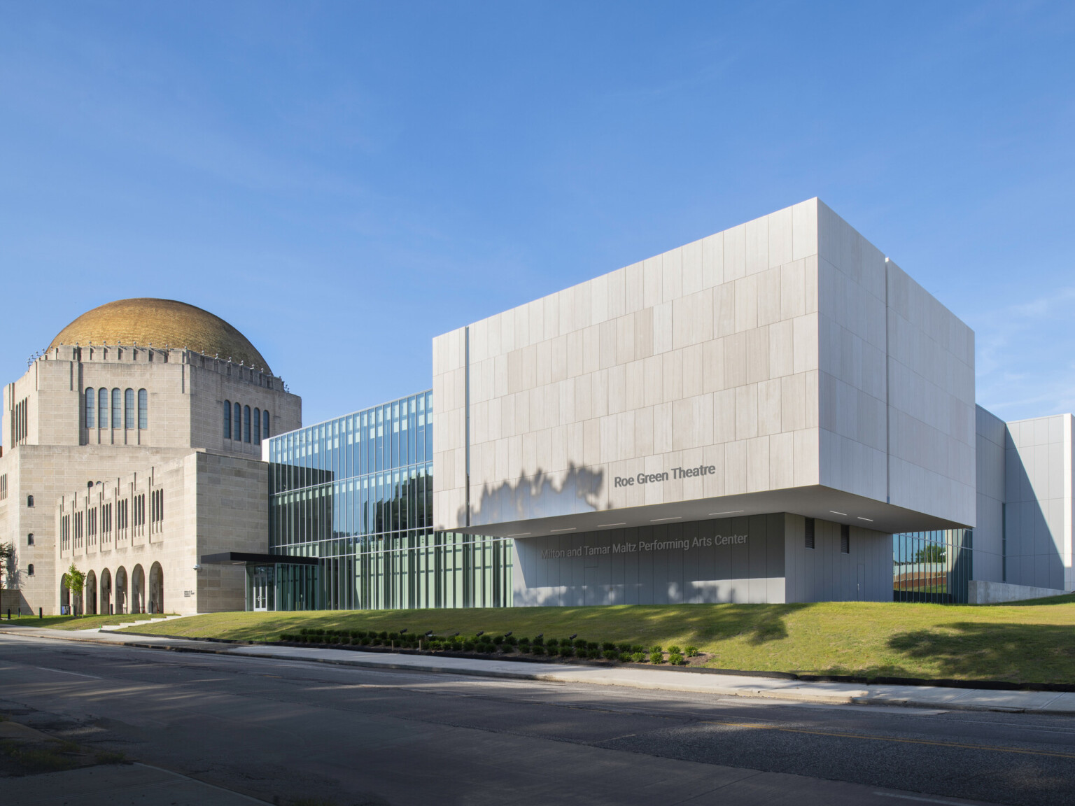 Design concept of front entrance of the concrete and glass geometric addition to the historic dome temple at Case Western Reserve University for the 2022 Green Building Challenge