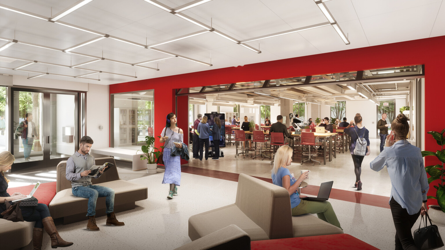 The Ohio State University Biomedical and Materials Engineering Complex Phase 2 learning common space flexible and comfortable seating in OSU branded colors