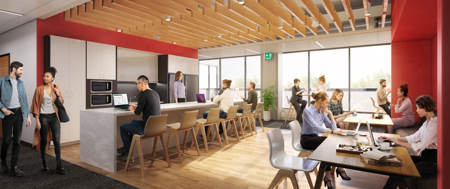 Common area in academic STEM learning facility university students sit and study in flexible spaces