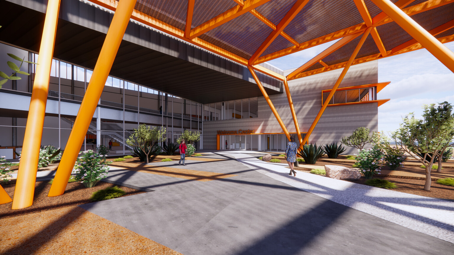 design concept for the new southeast campus at west mec school in arizona; orange framing welcomes students in a large open entryway