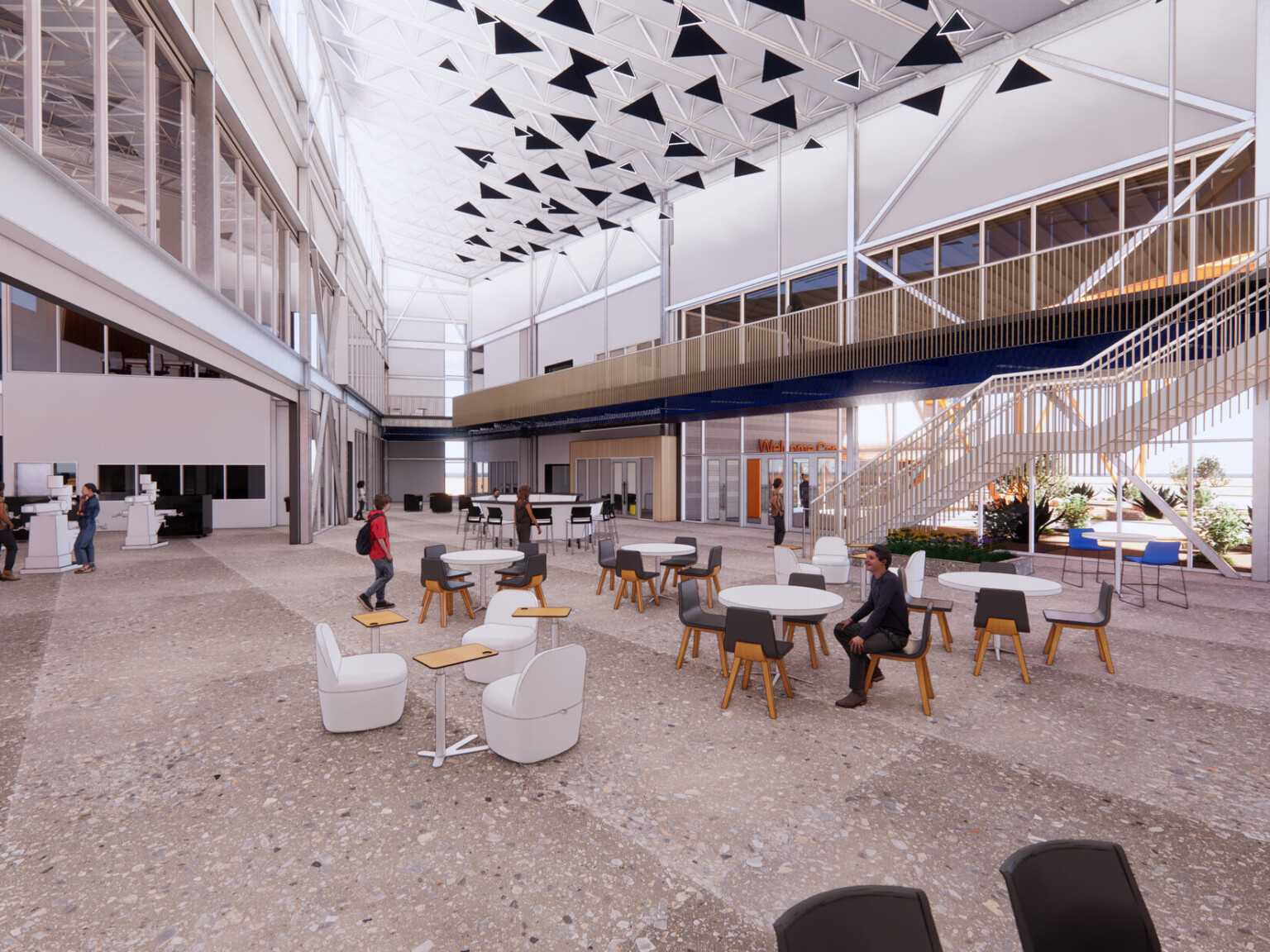 interior design concept for new sustainable school, western maricopa southeast campus, airy open common space welcomes students with community tables and stairs to upper level