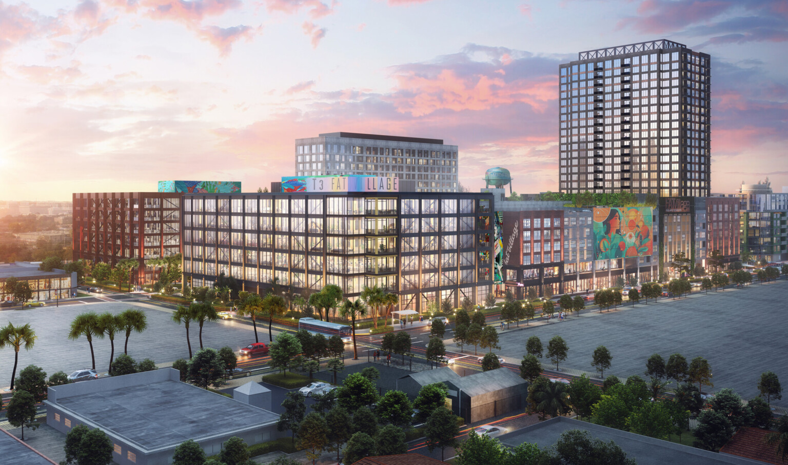 Rendering of a new office building in Fort Lauderdale showing a colorful sunset above multistory buildings with colorful murals