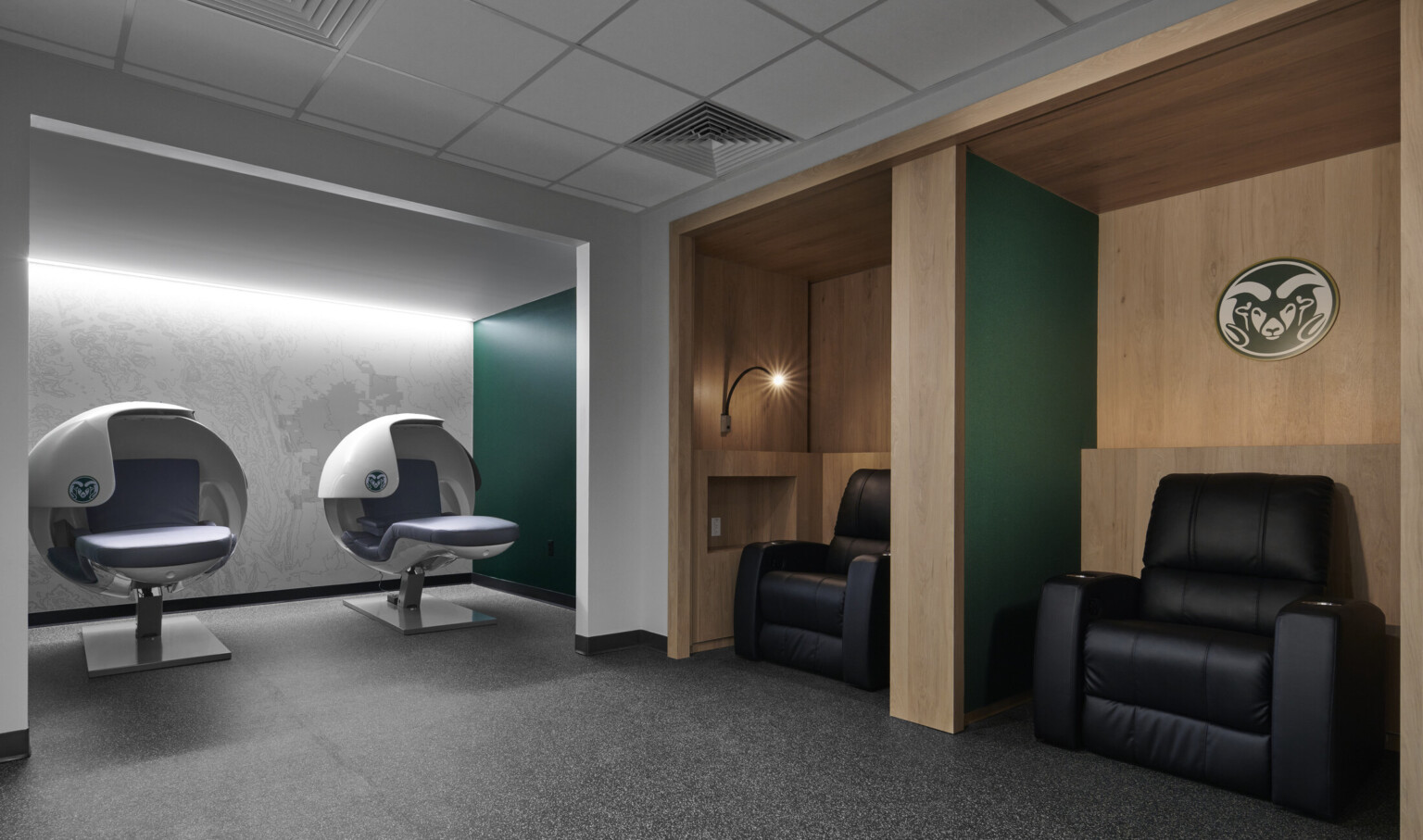 Rest and recovery pods in Colorado State University Moby Arena’s renovated locker room suites