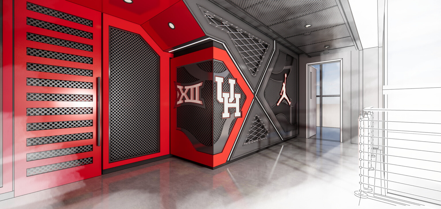 Grey wall accented by red trim with Air Jordan, Big XII and University of Houston logos
