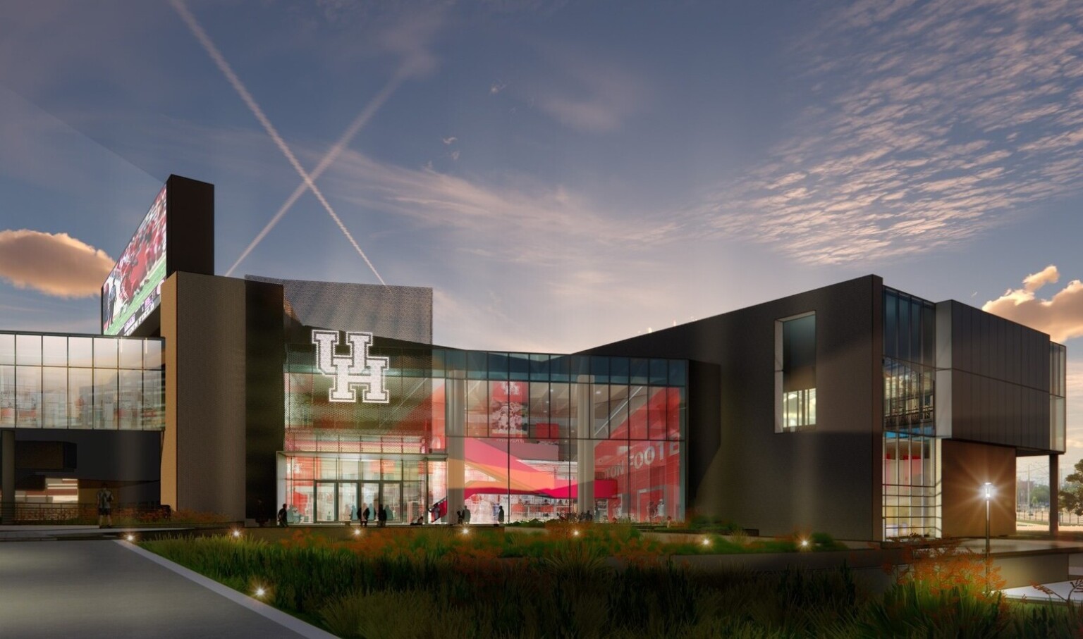 design rendering of exterior entrance of the University of Houston Football Operations Center showing large glass windows filled with red artwork