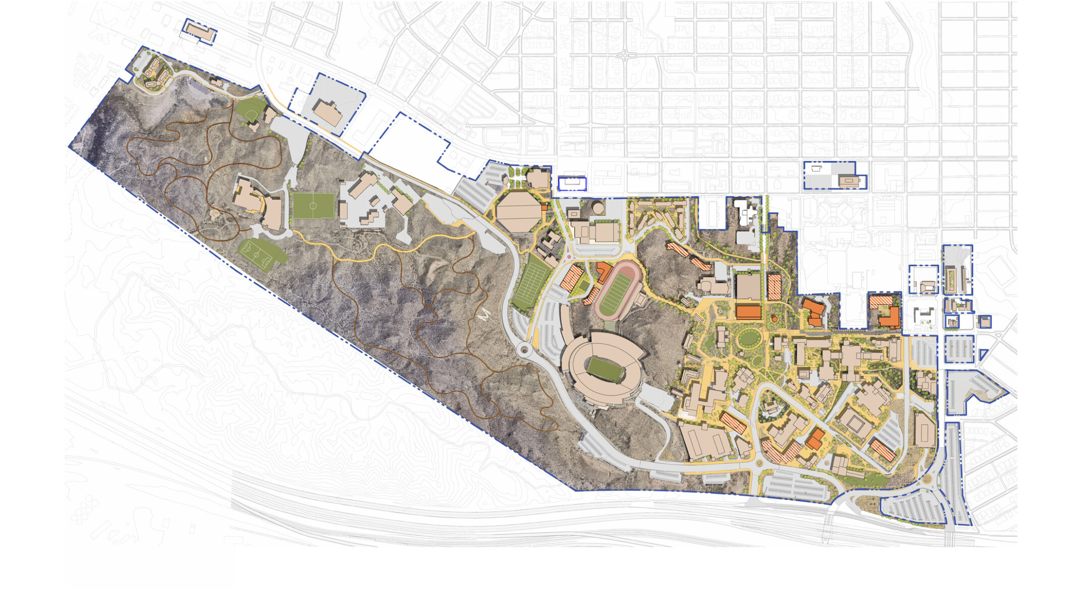 UTEP Campus Master Plan showing buildings in shades of yellow and orange among brown terrain