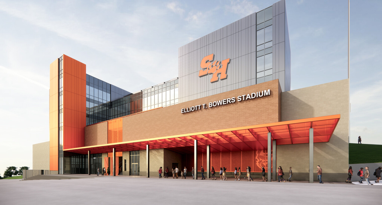 Sam Houston State University Bowers stadium redesign featuring a brick exterior with tall glass tower and orange accents throughout