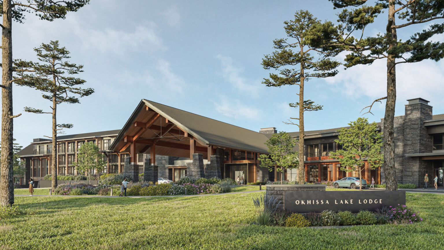 exterior design rendering of a lodge in the wilderness