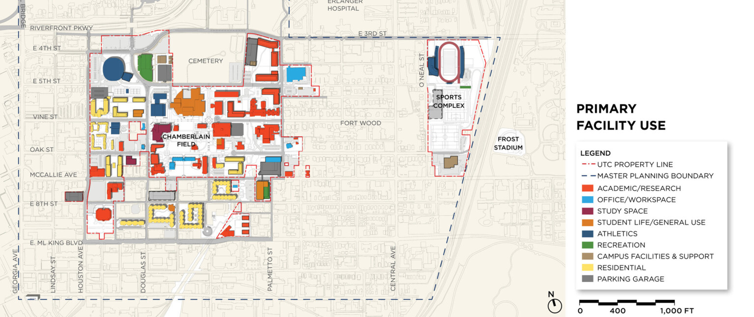 University of Tennessee Chattanooga facility map showing buildings highlighted in different colors based on use