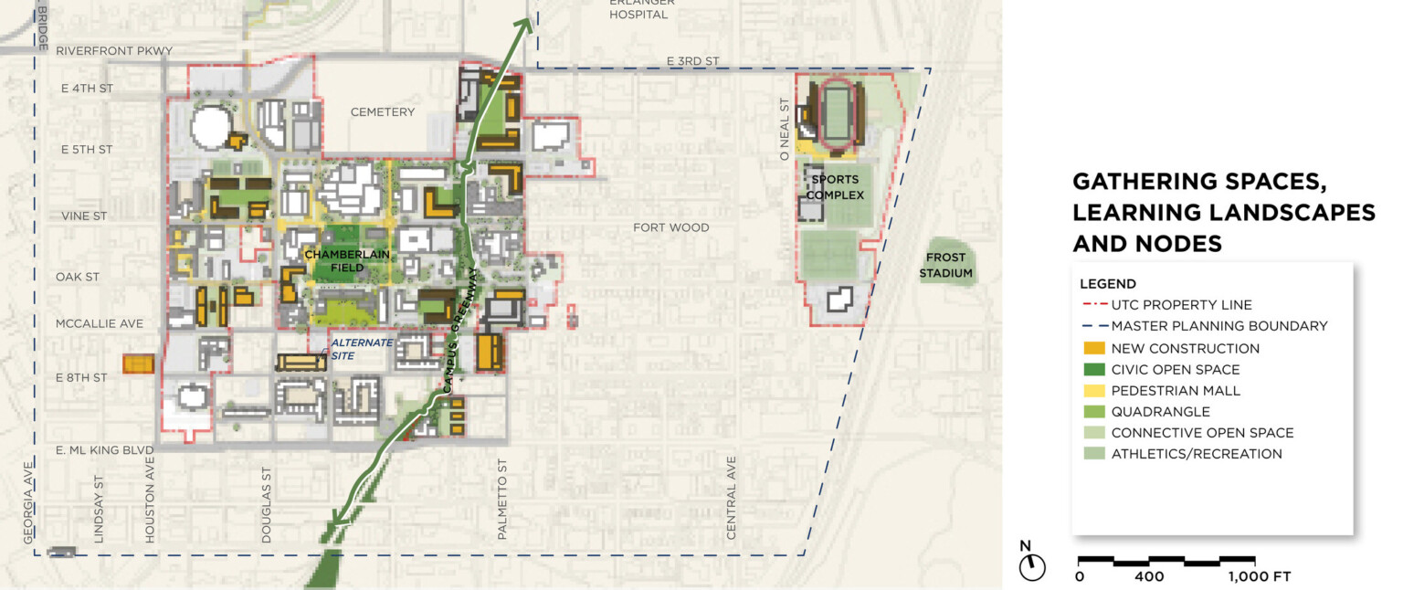 University of Tennessee Chattanooga campus map showing gathering spaces, learning landscapes, and nodes in different colors