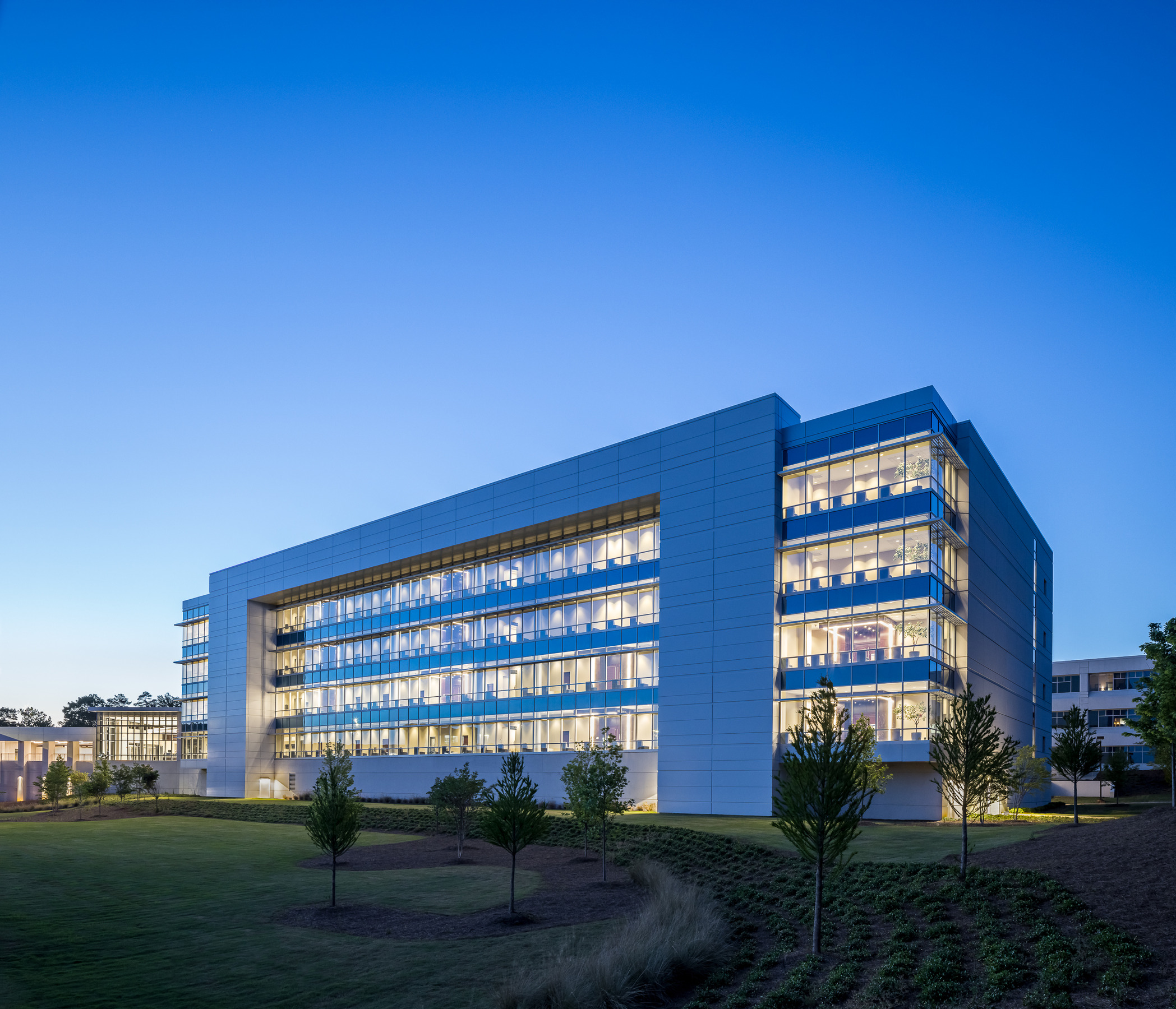 Nighttime picture of a multistory office building with the windows filled with lights. The building is surrounded by lush landscaping and trees