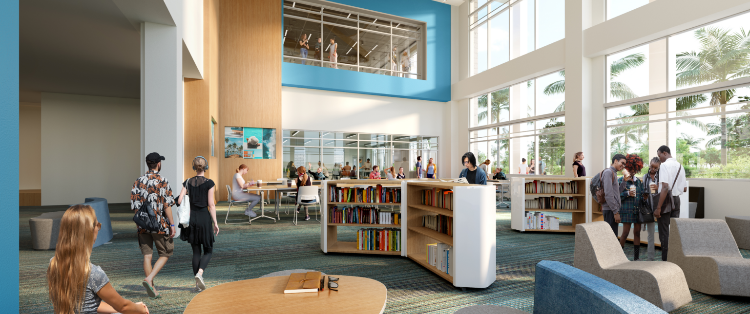 Multilevel high school library filled with natural light, book shelves filled with books, and students interacting