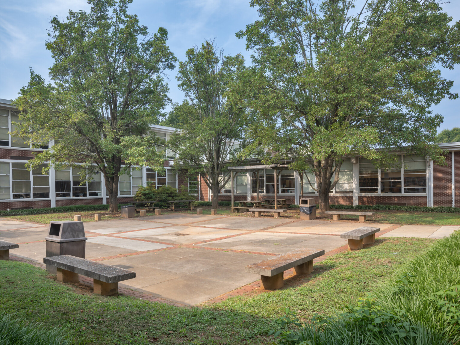 Outdoor courtyard filled with large trees and benches surrounding a concrete area