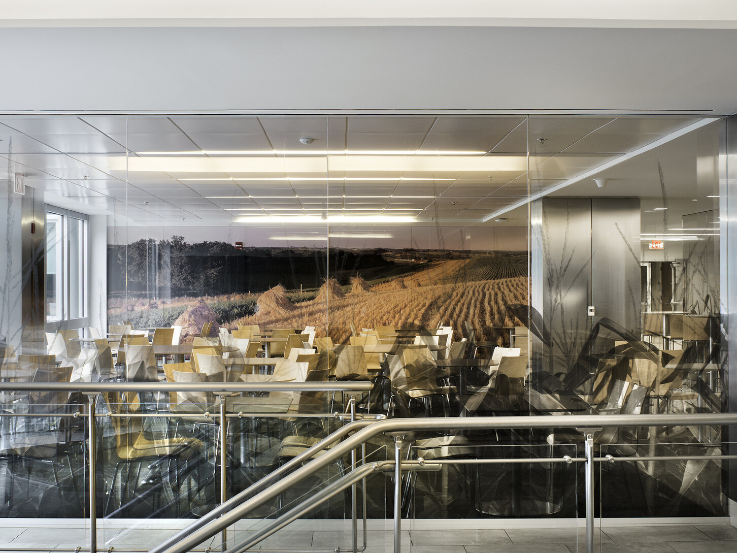 Looking through a glass window at tables and chairs in front of a wall mural