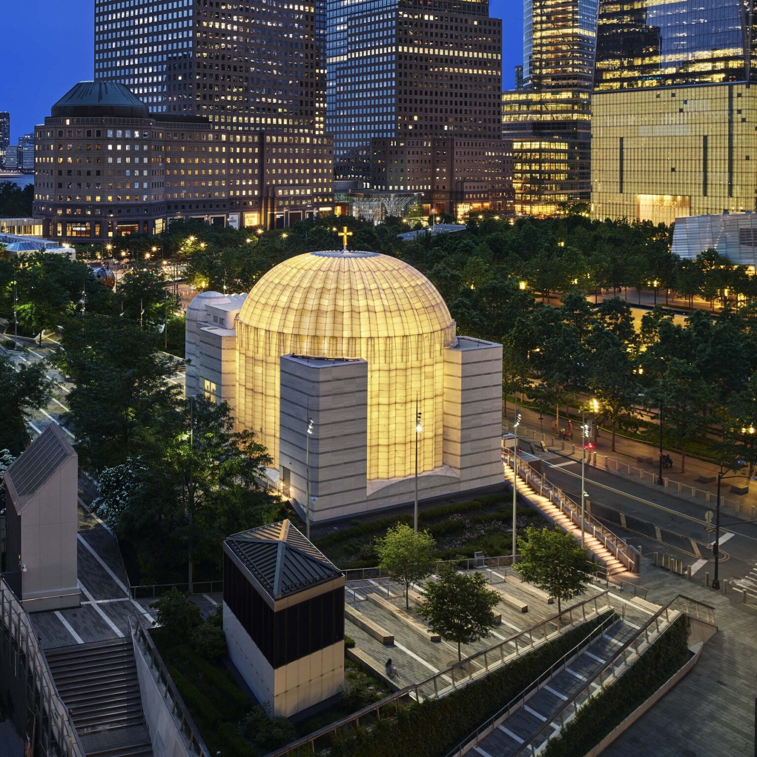 Exterior of the Saint Nicholas Greek Orthodox Church in New York City featuring the ambient glow of light