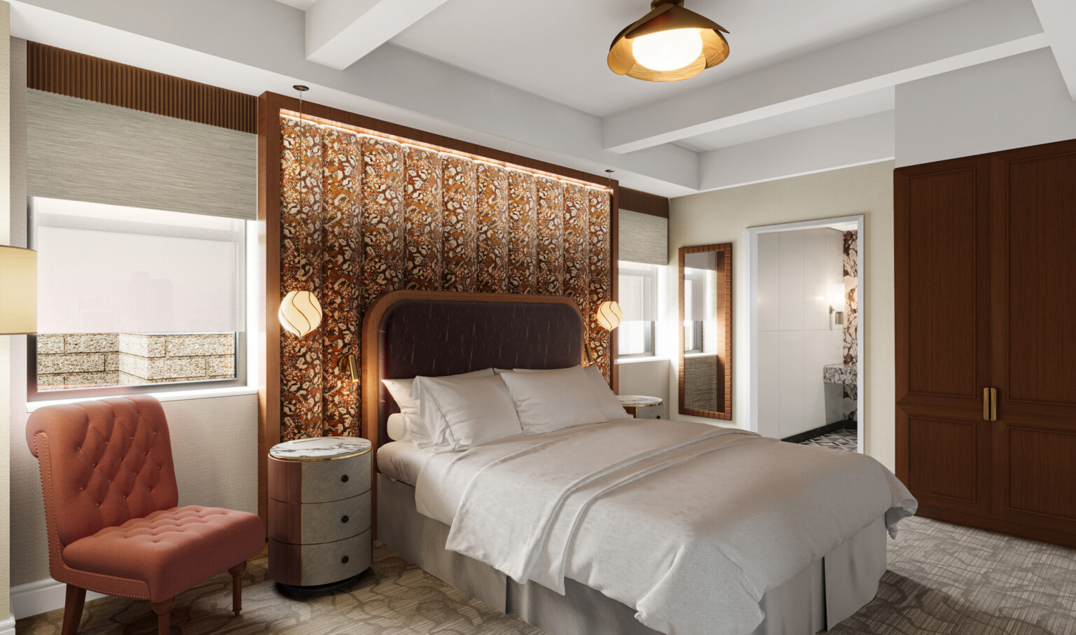 Glamorous hotel room showing wooden doors, orange accent chair, and white bedding