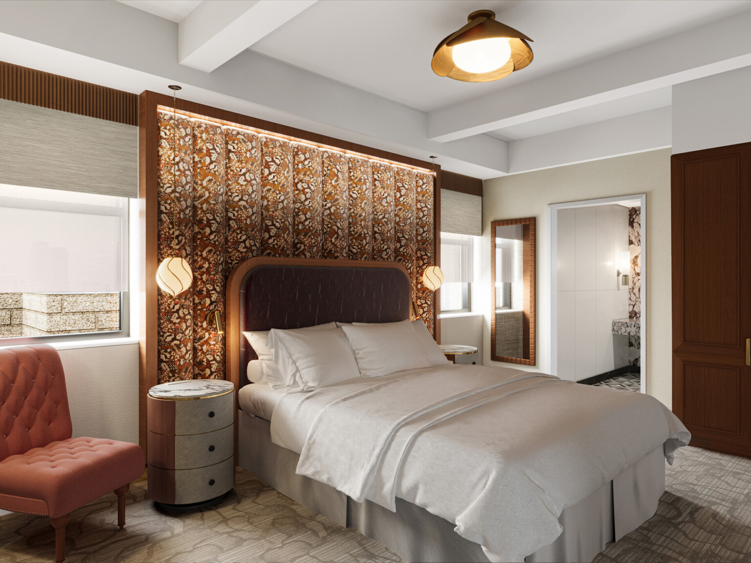 Glamorous hotel room showing wooden doors, orange accent chair, and white bedding