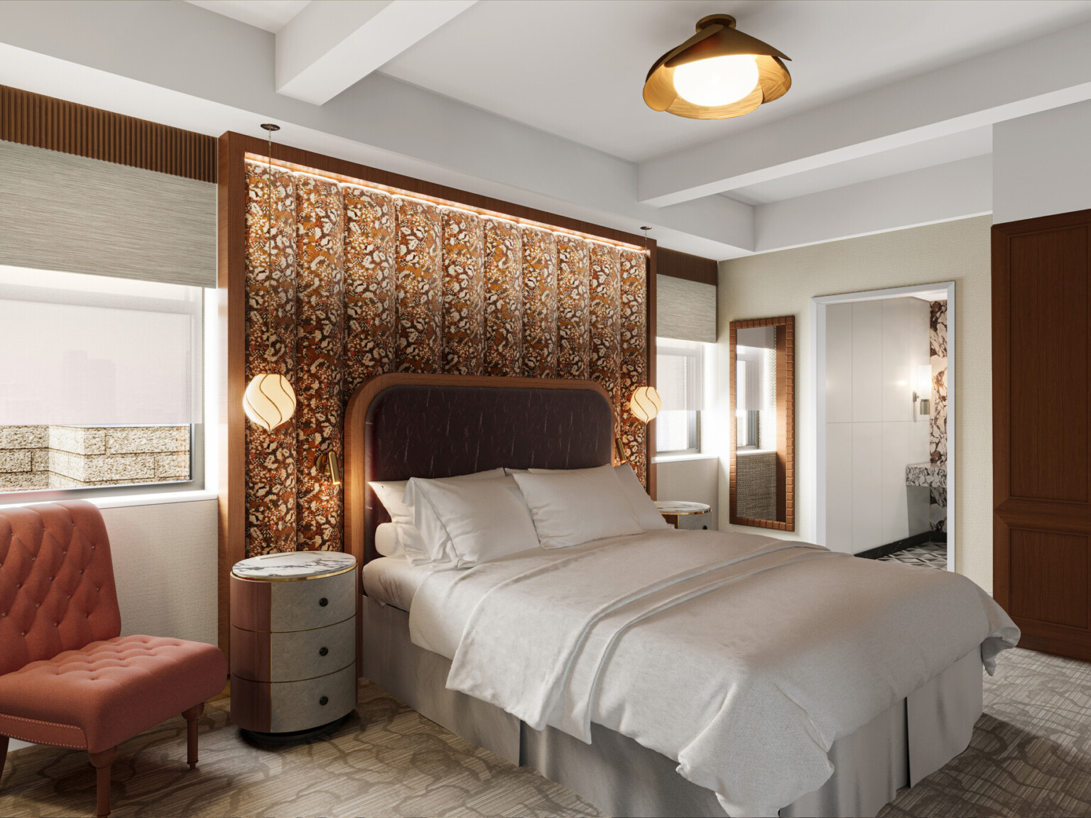 Glamorous hotel room showing wooden doors, orange accent chair, and white bedding