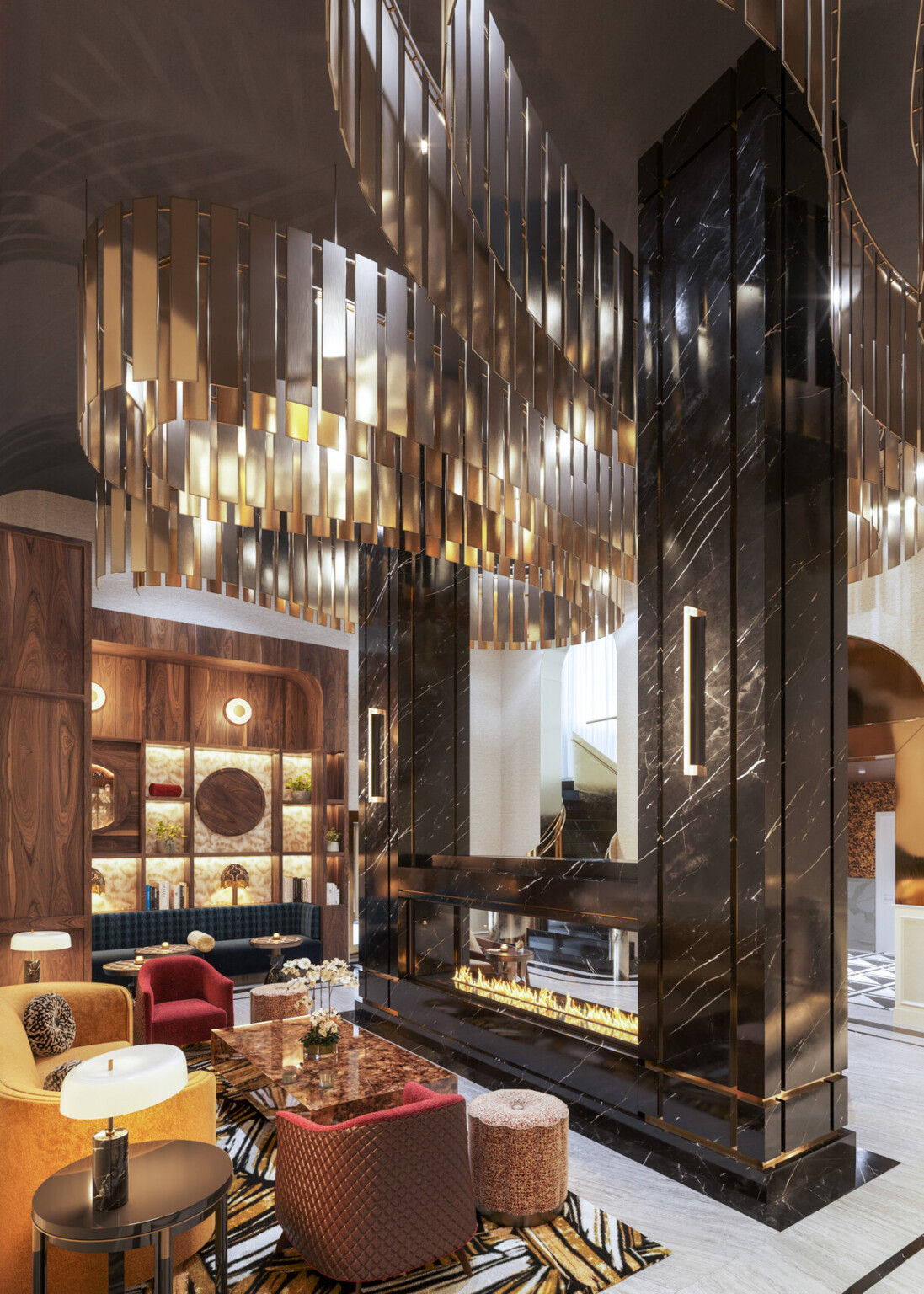 Glamorous hotel lobby showing black marble fireplace with modern furnishing and gold accents suspended from the ceiling