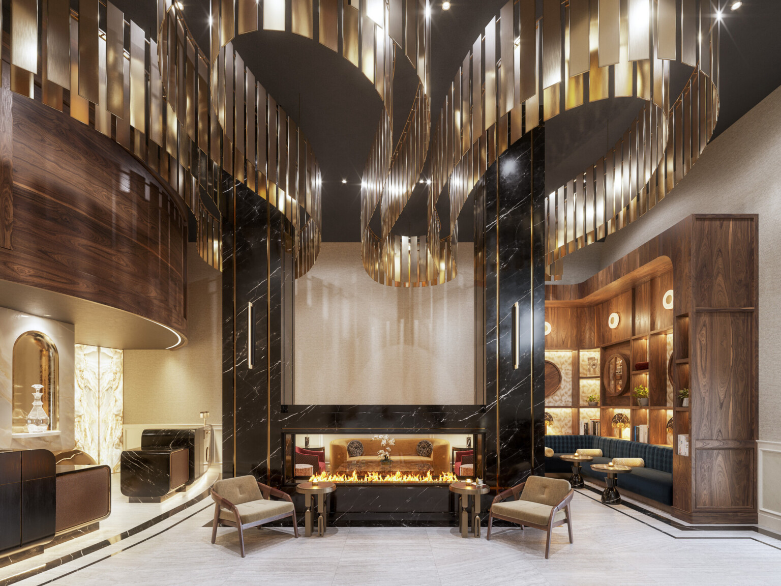 Glamorous hotel lobby showing black marble fireplace in front of dark wooden shelves with gold accents on the ceiling