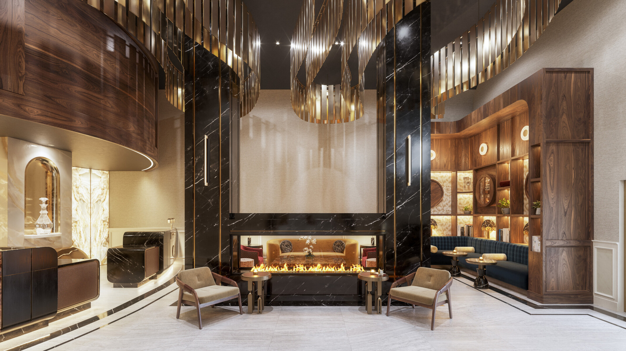 Glamorous hotel lobby showing black marble fireplace in front of dark wooden shelves with gold accents on the ceiling