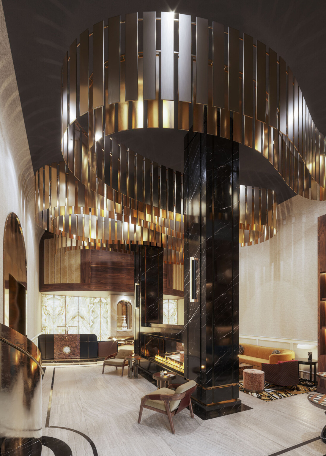 Glamorous hotel lobby showing black marble fireplace with modern furnishing and gold accents suspended from the ceiling