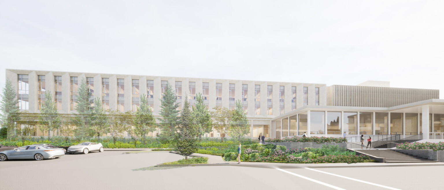 Rendering of a multistory office building with large glass atrium out front surrounded by trees and lush landscaping