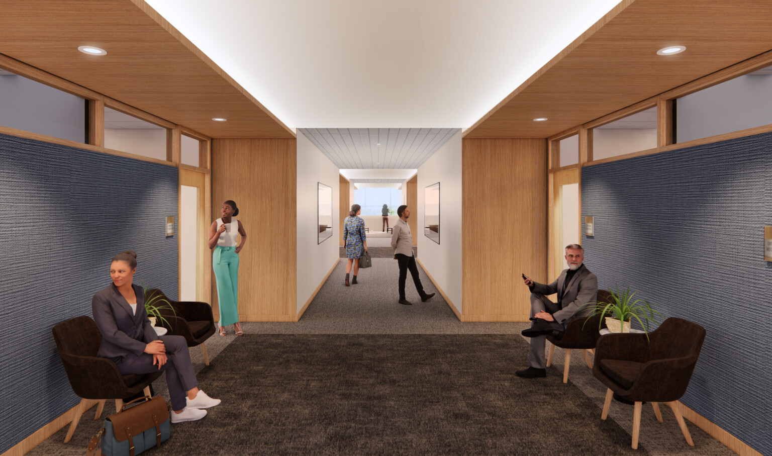 Office hallway with lined with doorways, dark blue accent walls surrounded by wooden accents