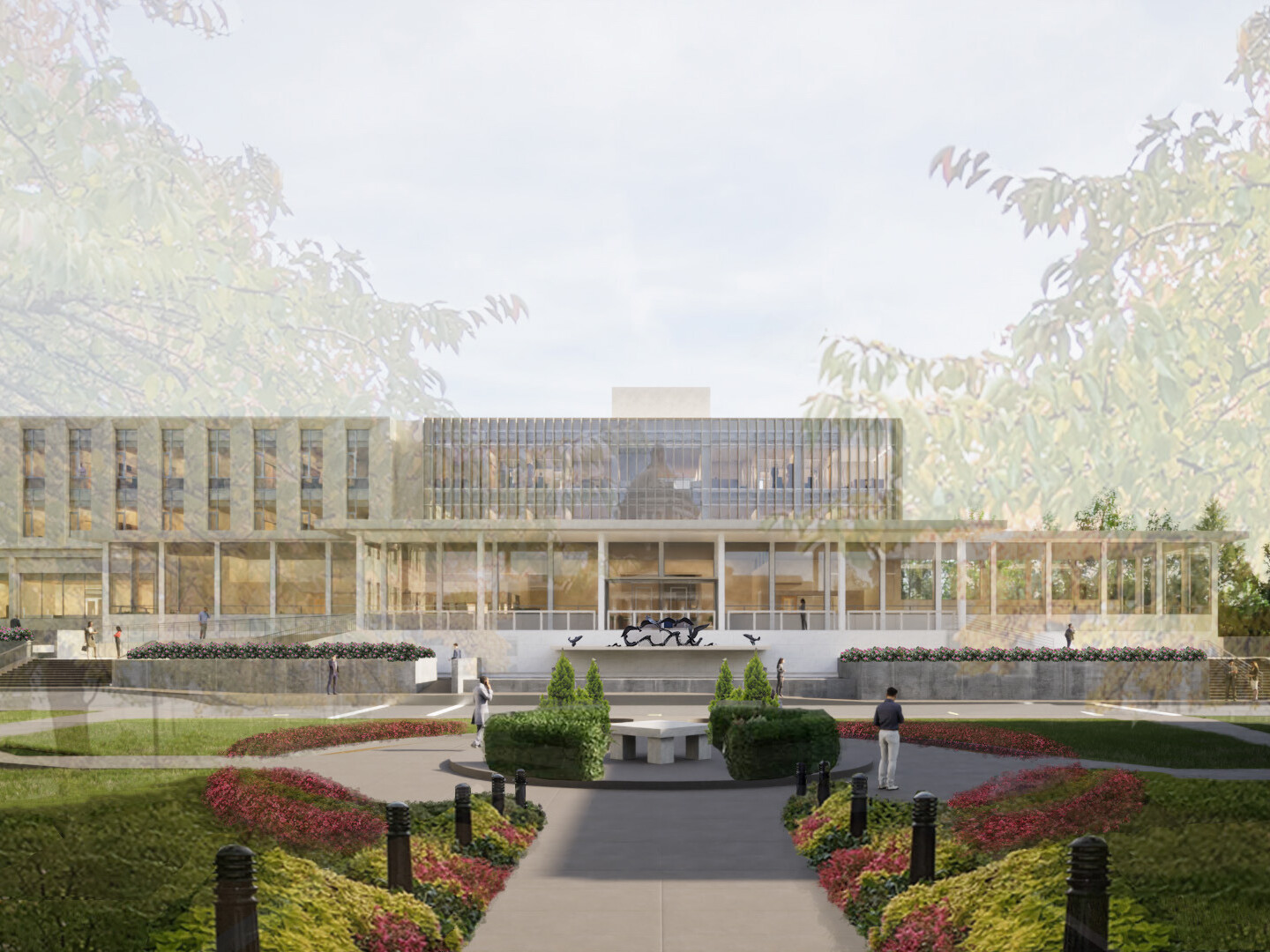 Rendering of a multistory office building with large glass atrium out front surrounded by trees and lush landscaping