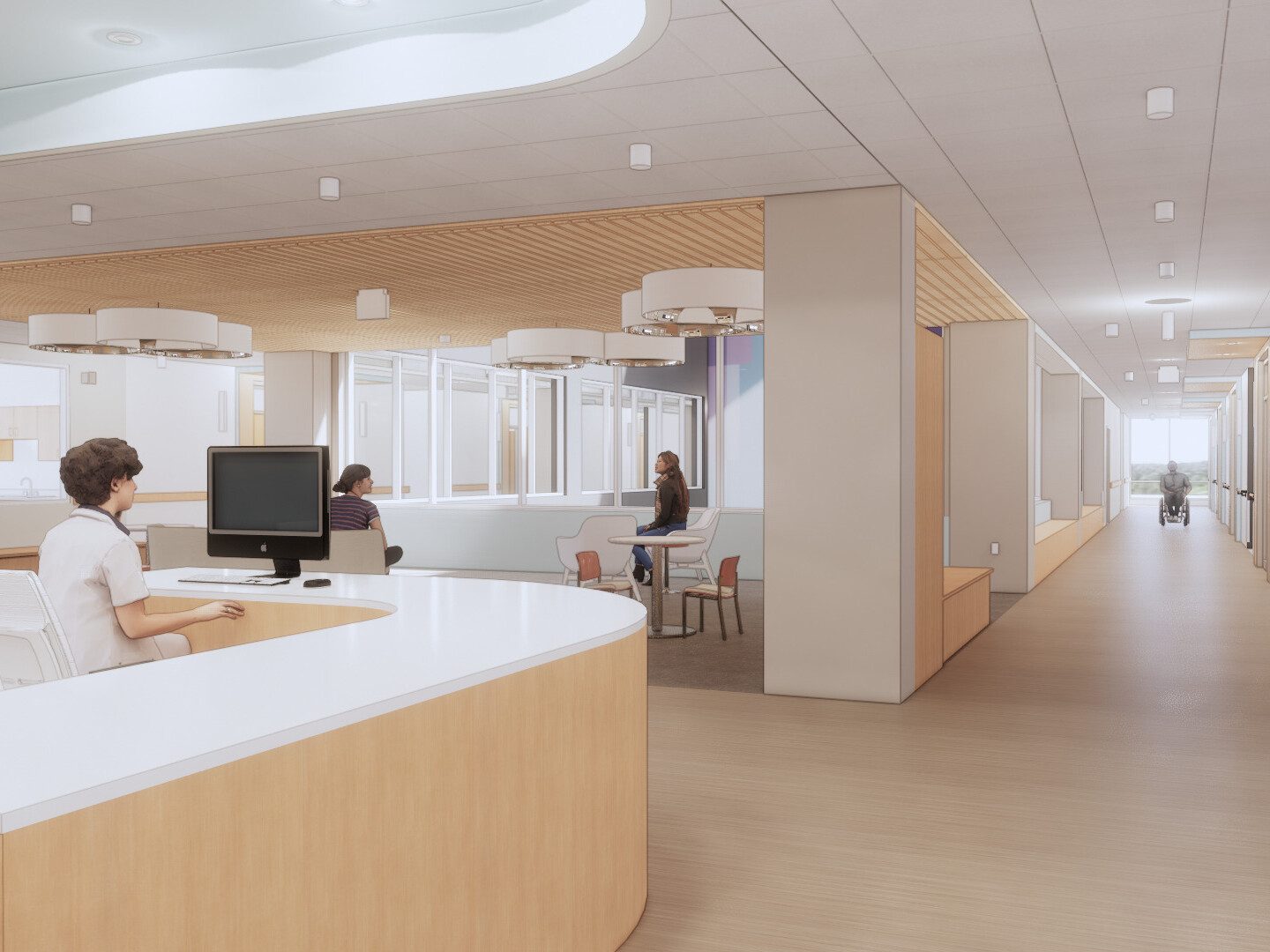 Medical office space with a rounded desk to the right, waiting area filled with tables and chairs, looking down a long hallway