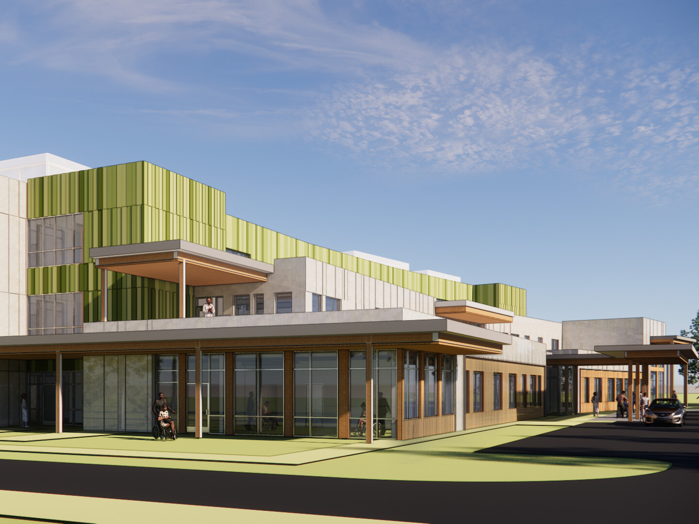 Rendering of a multistory medical facility with brown, white and green accents filled with windows and patients walking outside