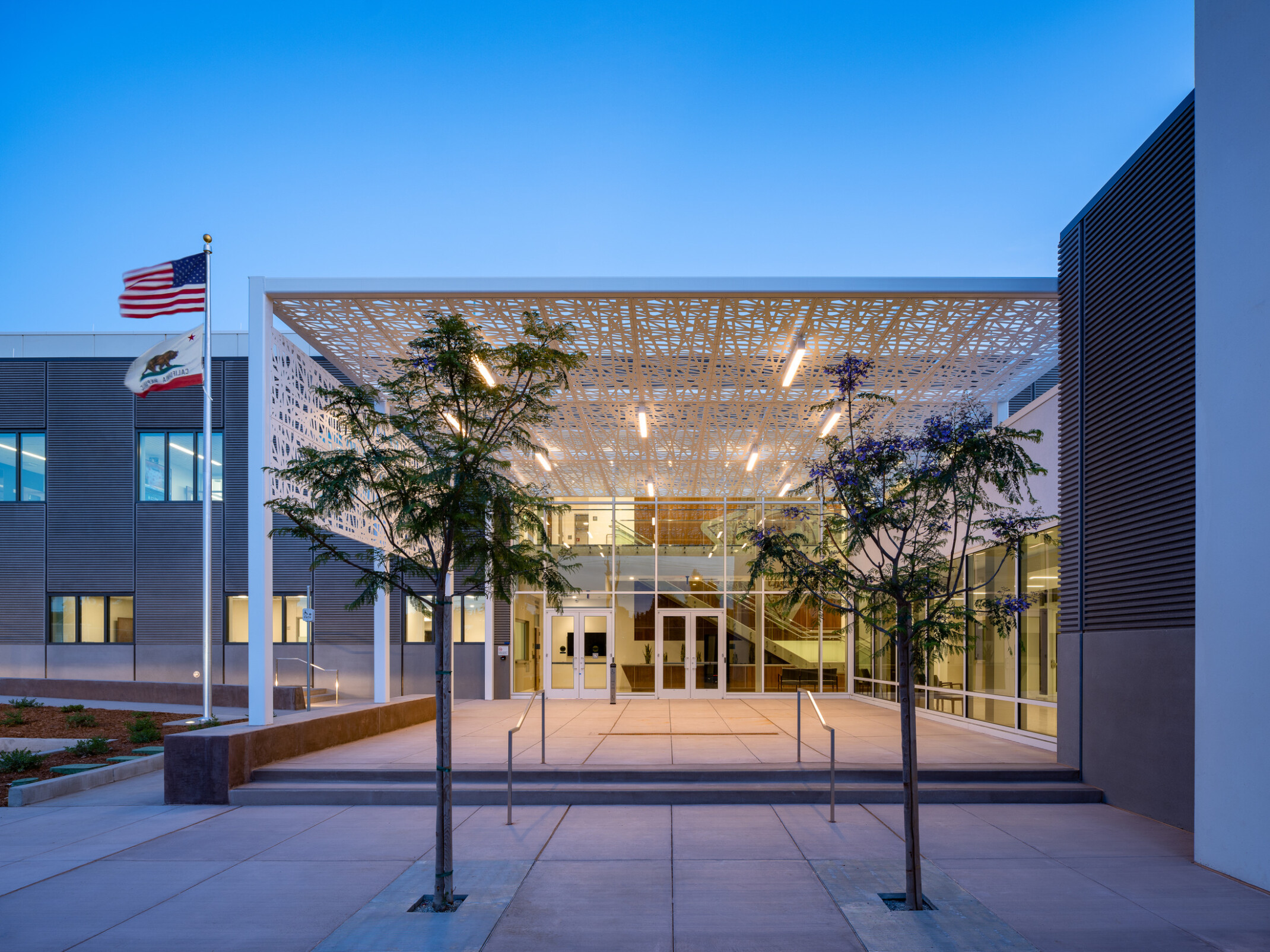 Public safety facility courtyard, main entry with steel-framed canopy