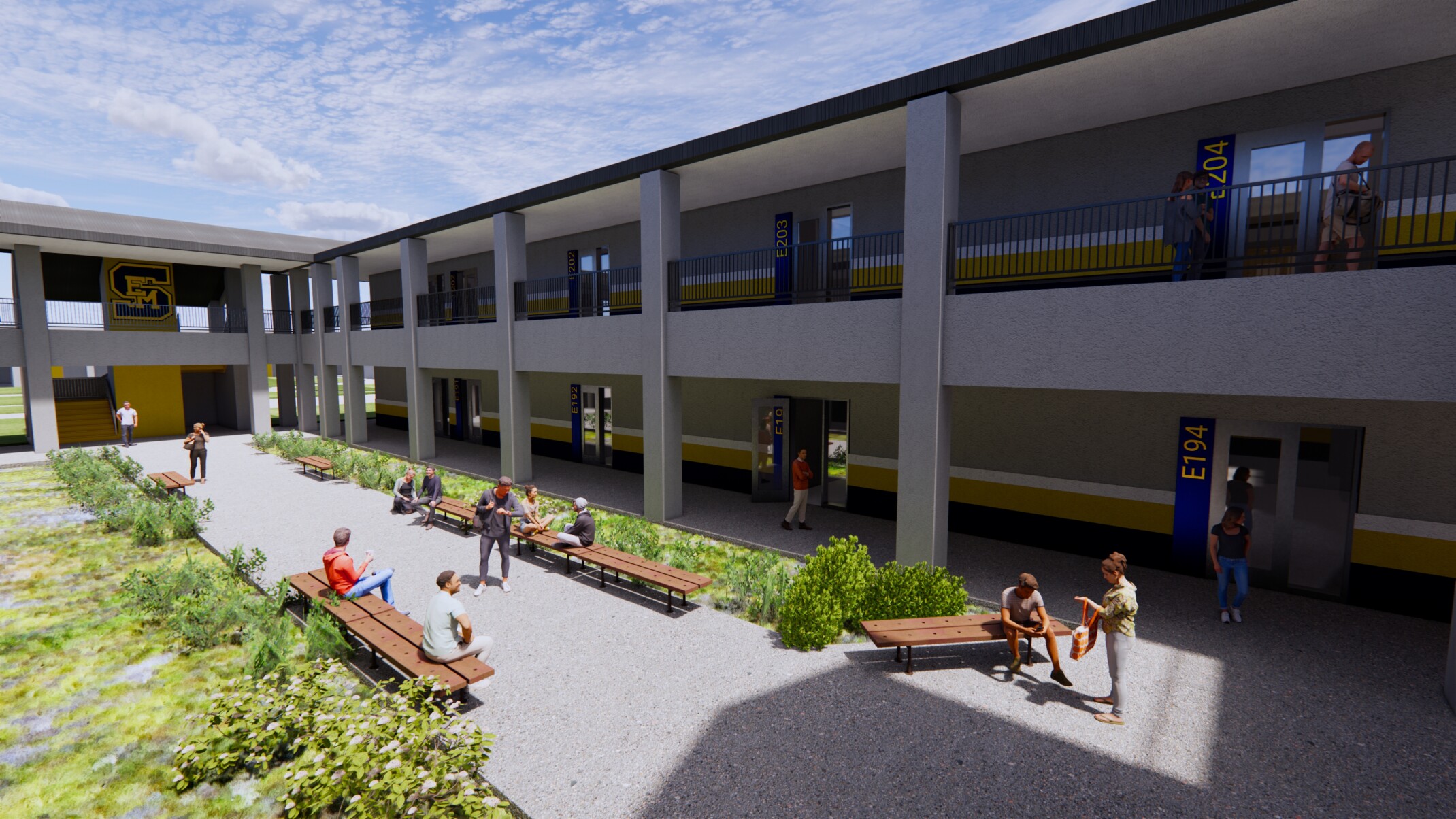 Rendering of a outdoor high school courtyard of a multistory building with seating areas and lush landscaping.