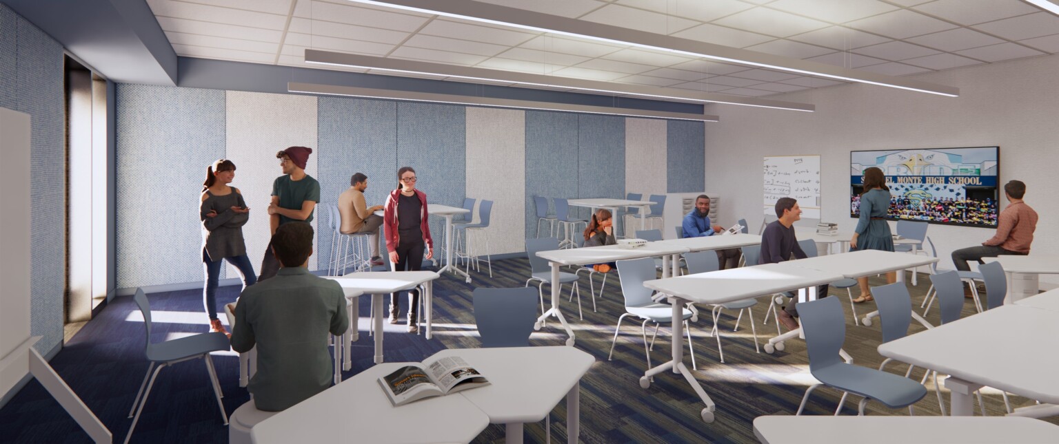 Rendering of a modern high school classroom filled with tables and chairs, a large TV on the wall, and blue accents throughout