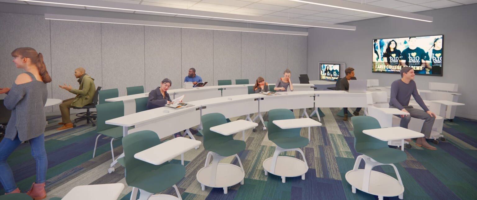 Rendering of a high school classroom filled with white tables and chairs, a large TV hanging on the wall, and green accents in the carpet and chairs