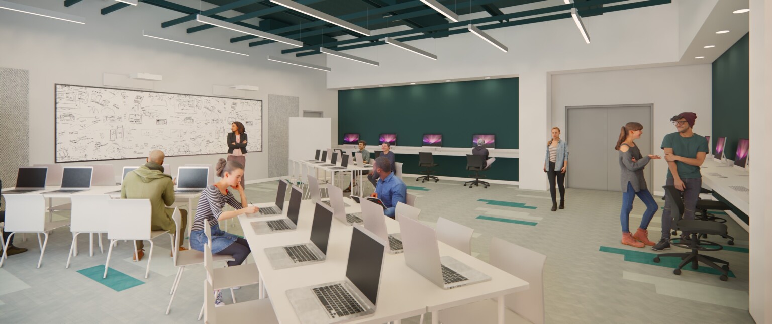 Rendering of a high school computer lap filled with white tables lined with computers, green accents walls, and a large whiteboard on one wall