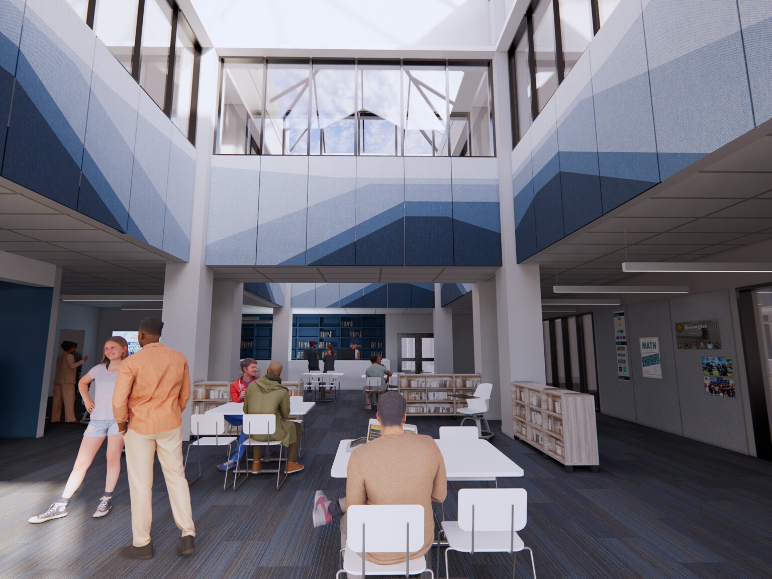 Rendering of a interior common area open to the second story with seating areas, shelves for books, and blue accents.