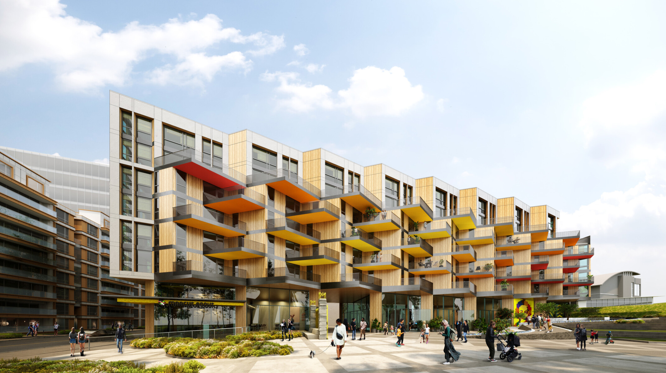 Rendering of a modern multistory building with red, orange, and yellow overhanging patio floors