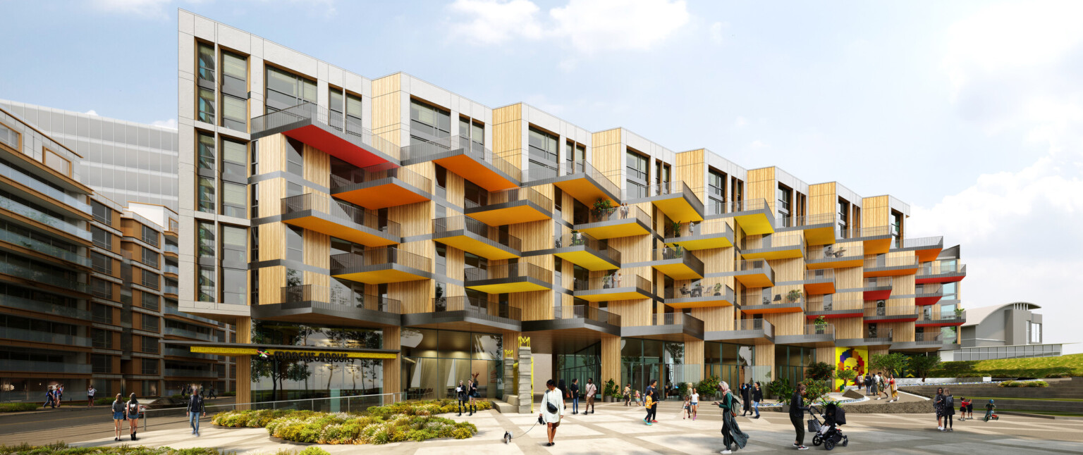 Rendering of a modern multistory building with red, orange, and yellow overhanging patio floors