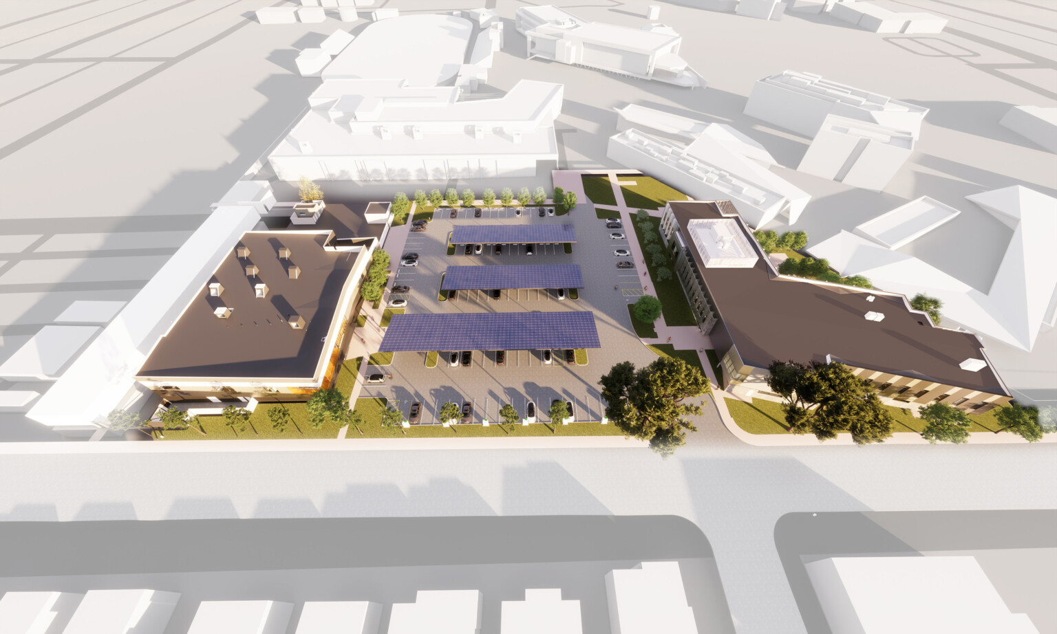 Rendering of school buildings showing multiple buildings surrounding a parking lot with covers over parking spaces and white buildings in the background