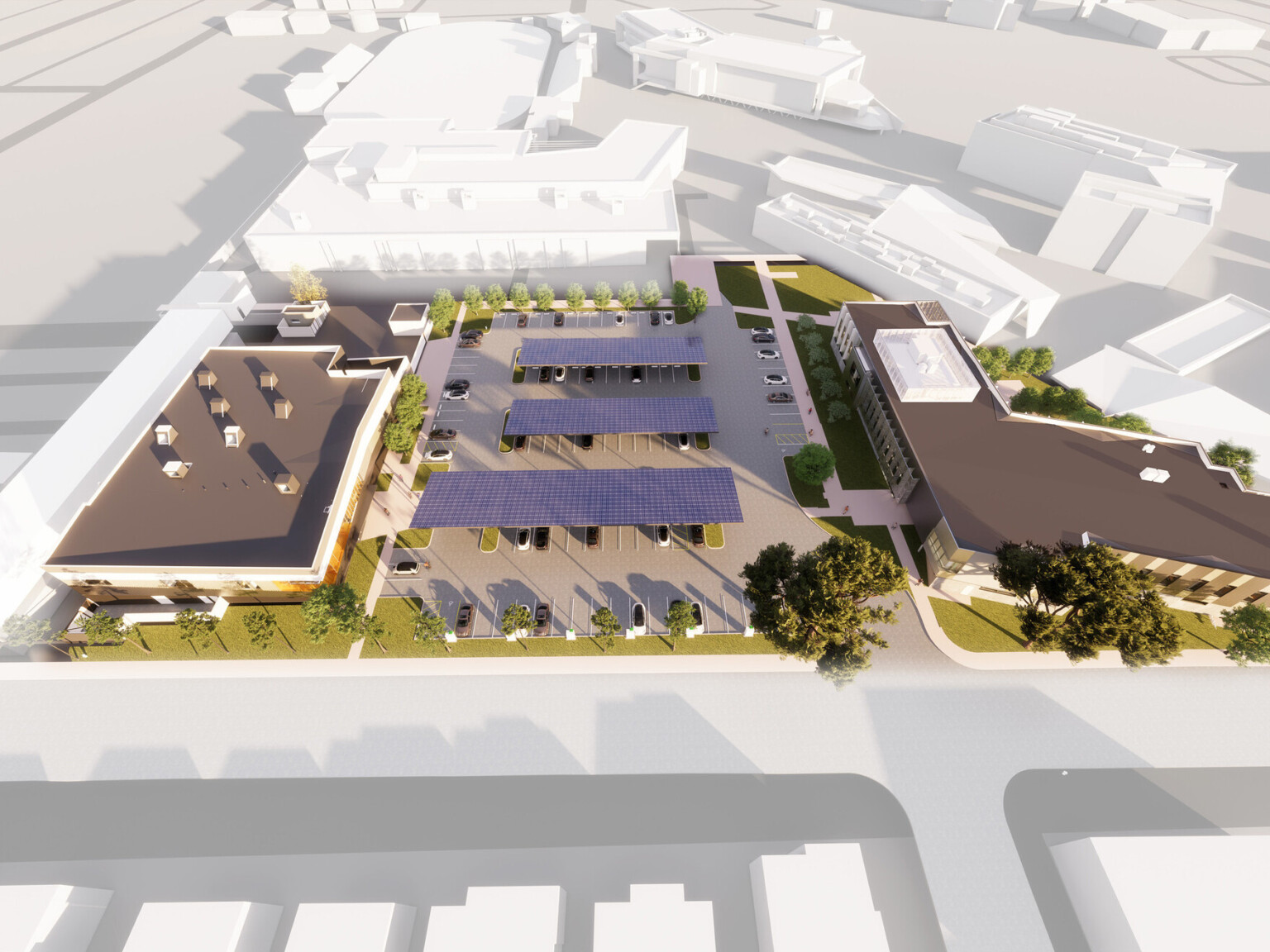 Rendering of school buildings showing multiple buildings surrounding a parking lot with covers over parking spaces and white buildings in the background