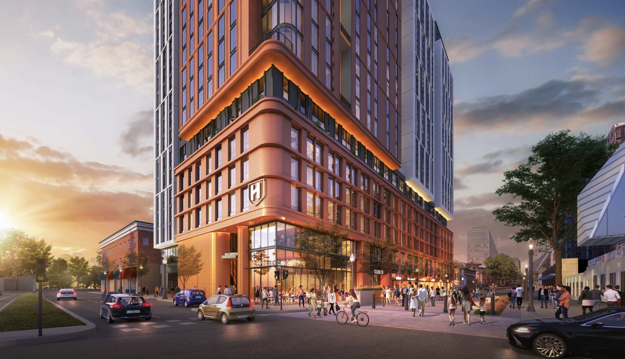 Rendering of a multistory building in shades of copper at the corner of a busy street and a pedestrian sidewalk