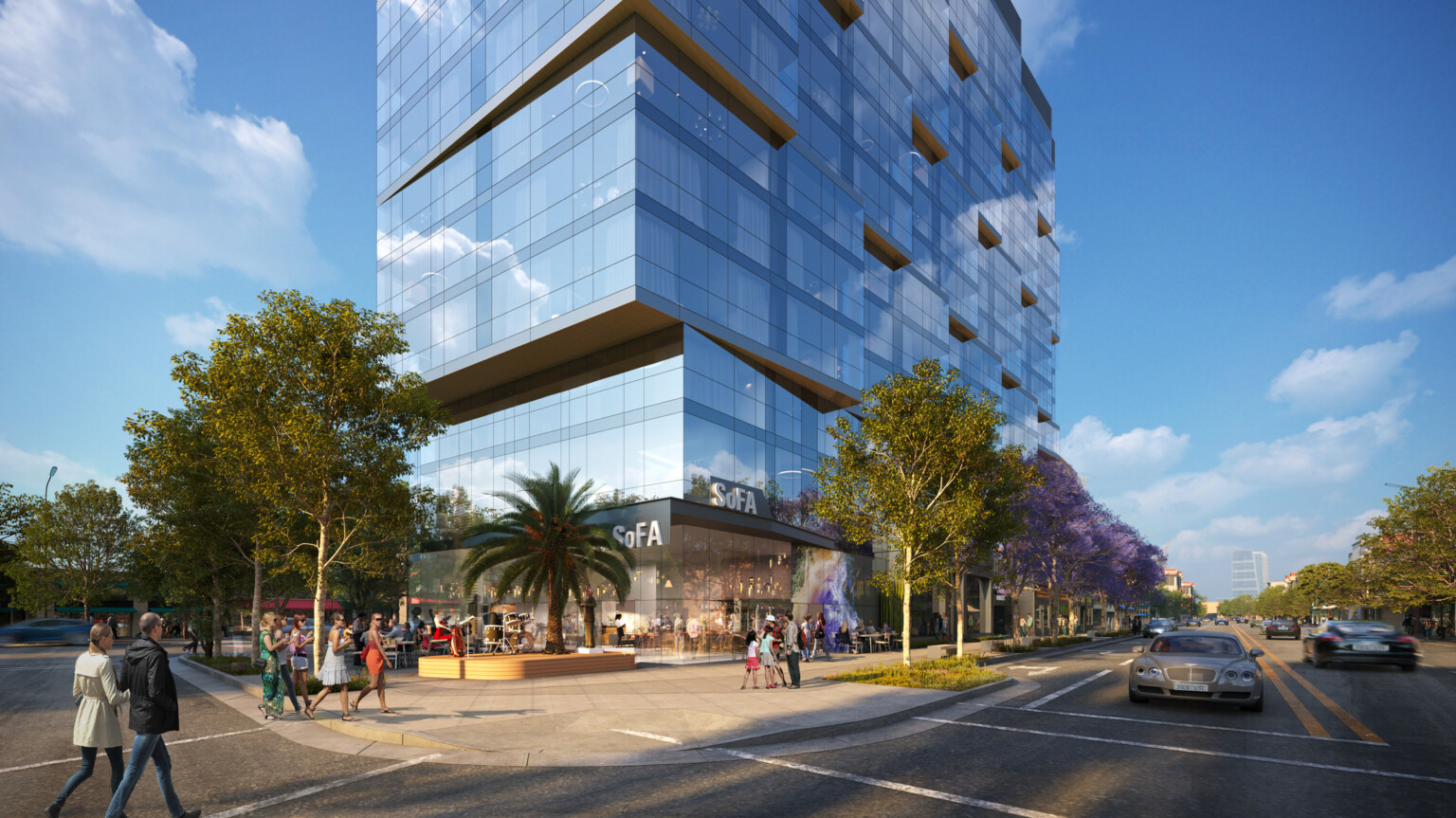 A modern glass high-rise building surrounded by trees on a city street corner filled with pedestrians and cars on a clear sunny day